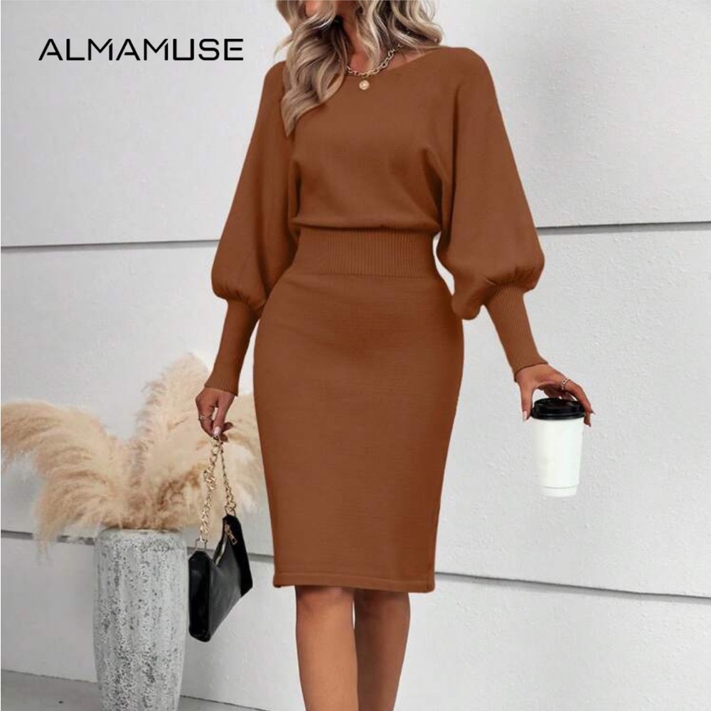 Elegant Brown Knit Dress Sz 12 (XL). NEW